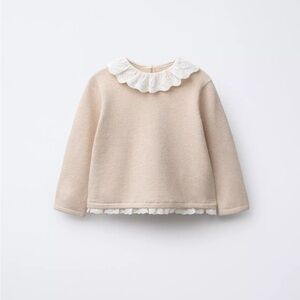 Zara Baby Girl Lace Collar Knit Sweater & Leggings Set Beige 3-6M